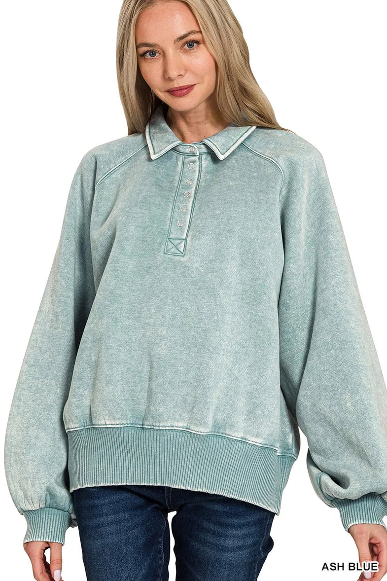 Zenana Acid Wash Fleece Collared Sweatshirt - SwagglyLife Home & Fashion